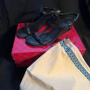 Tory Burch Miller T-Strap Leather Wedge Sandal in Black Size 8.5